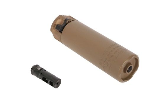 Flat Dark Earth Surefire suppressor with muzzle brake/mount.
